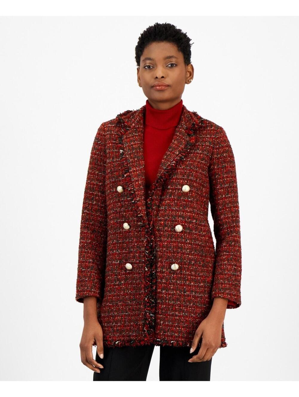 $199 Anne Klein Women's Red Faux Double-Breasted Fringe-Trim Tweed Jacket XL